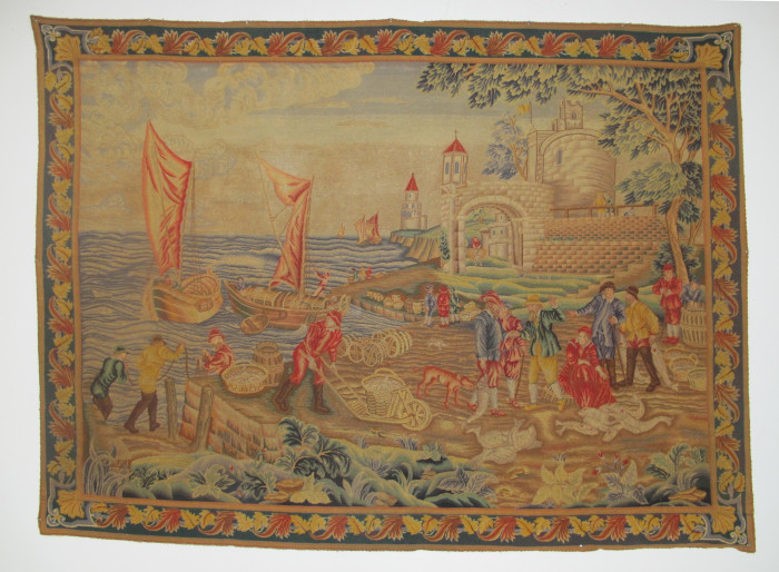 Petit-Point Panel, 'The Fish Quay', After Teniers
