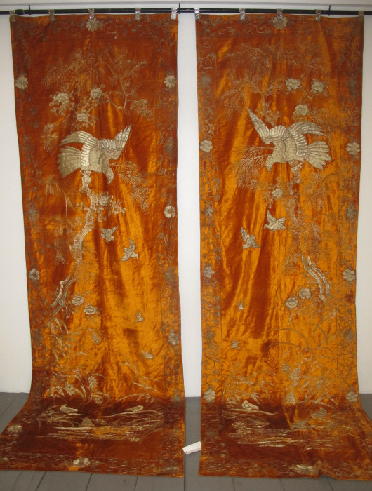 A Pair of Japanese Velvet Embroidered Hangings