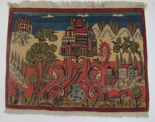 Pair Of Fine Kashan Pictorial Rugs, 66cm X 90cm Each, Circa 1920
