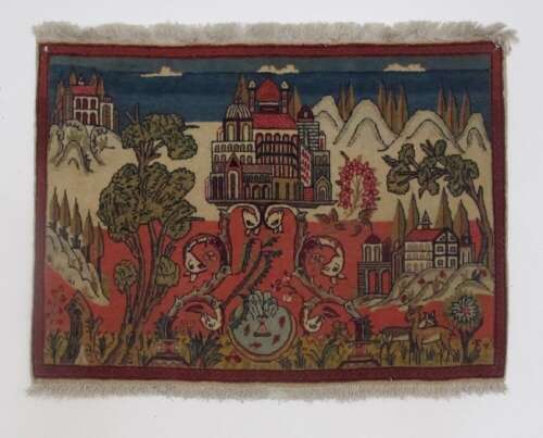 Pair Of Fine Kashan Pictorial Rugs, 66cm X 90cm Each, Circa 1920