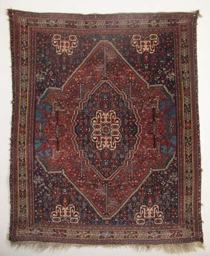 Attractive Antique Qashqai Rug Depicting Pillars Of Persepolis.