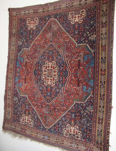 Attractive Antique Qashqai Rug Depicting Pillars Of Persepolis.